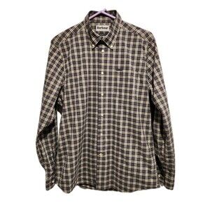 Barbour Tailored Fit Mens Button Down Long Sleeve Brown Plaid Shirt M